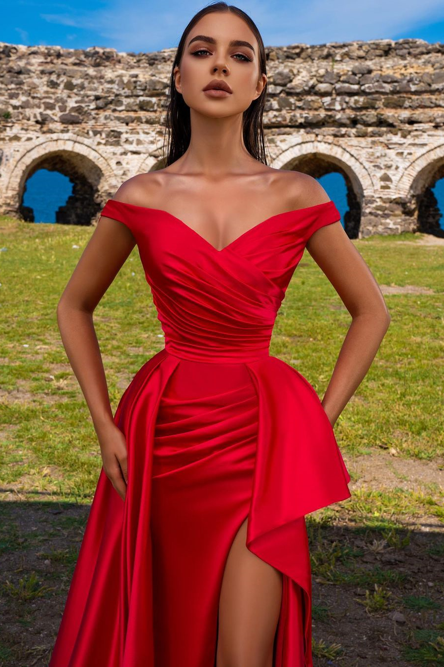 Luluslly Off The Shoulder Red Prom Dress Long Split With Ruffle