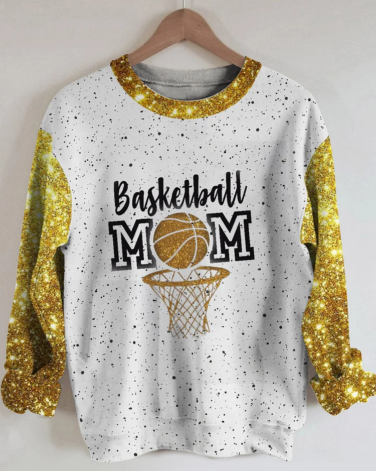 Basketball Mom Ink Gold Glitter Print Round Neck Long Sleeve Sweatshirt