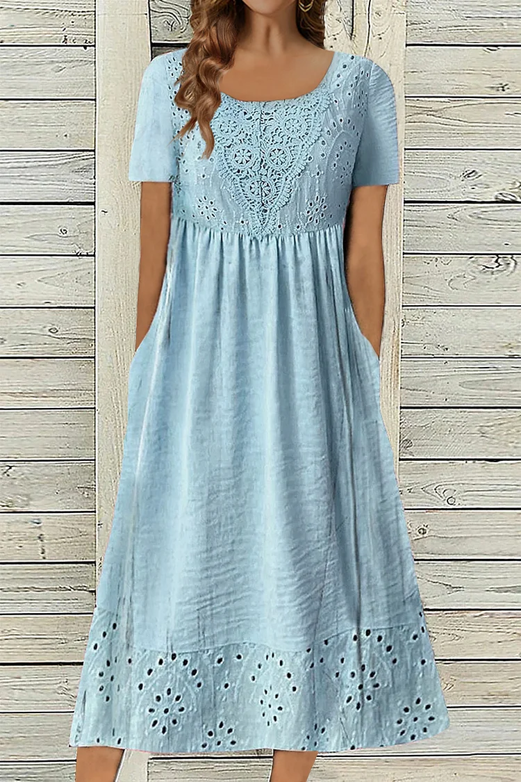 Flycurvy Plus Size Casual Blue Cotton And Linen Lace Fold Tunic Tea-Length Dress  Flycurvy [product_label]