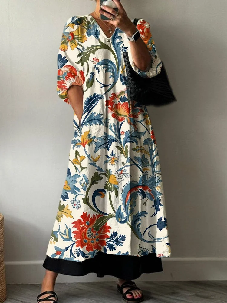 Women's  Retro Floral Print Pocket V-neck Cotton Dress
