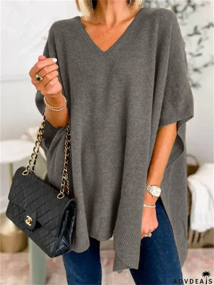 Chic V-neck Loose Knitted Poncho Sweater for Women