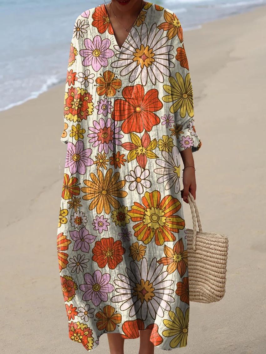 Women's Vintage Lovely Floral Art Print Flowy Dress