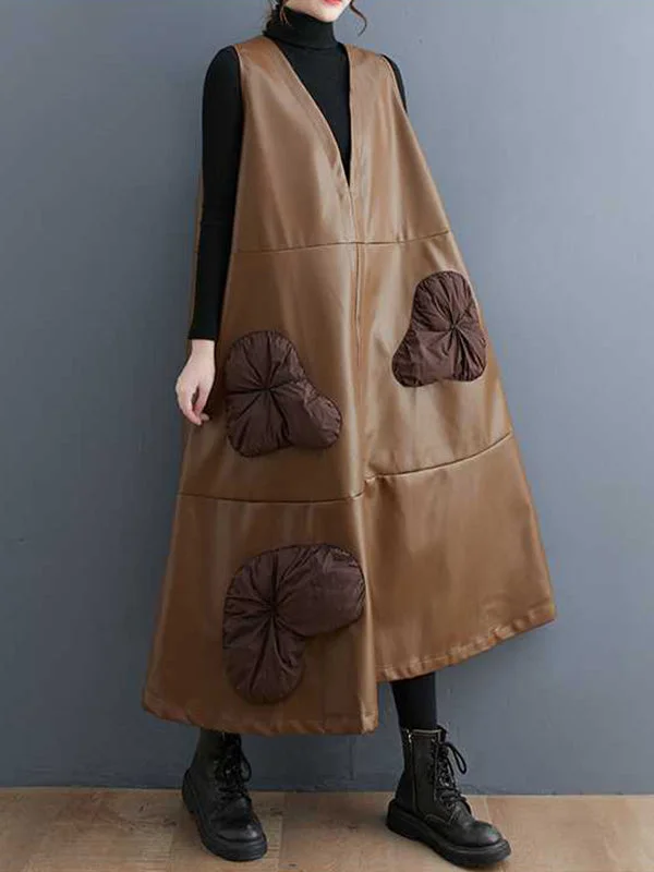 Design Loose Coffee V-Neck Flower-Embellished Sleeveless Faux Leather Midi Dress