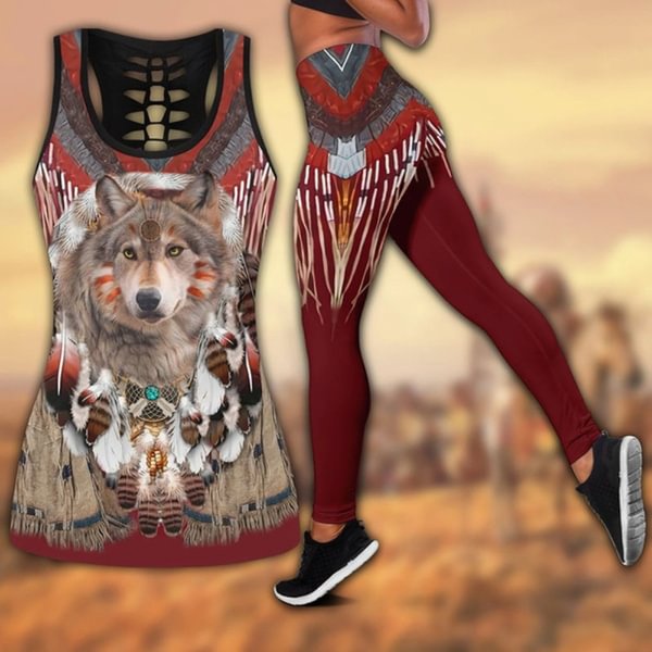 Native American wolf Cool Jogging Vests Suit Set Women Hipsters Hollow Tank Top +Leggings Female Sexy Vest Running Trousers S-5XL - Shop Trendy Women's Fashion | TeeYours