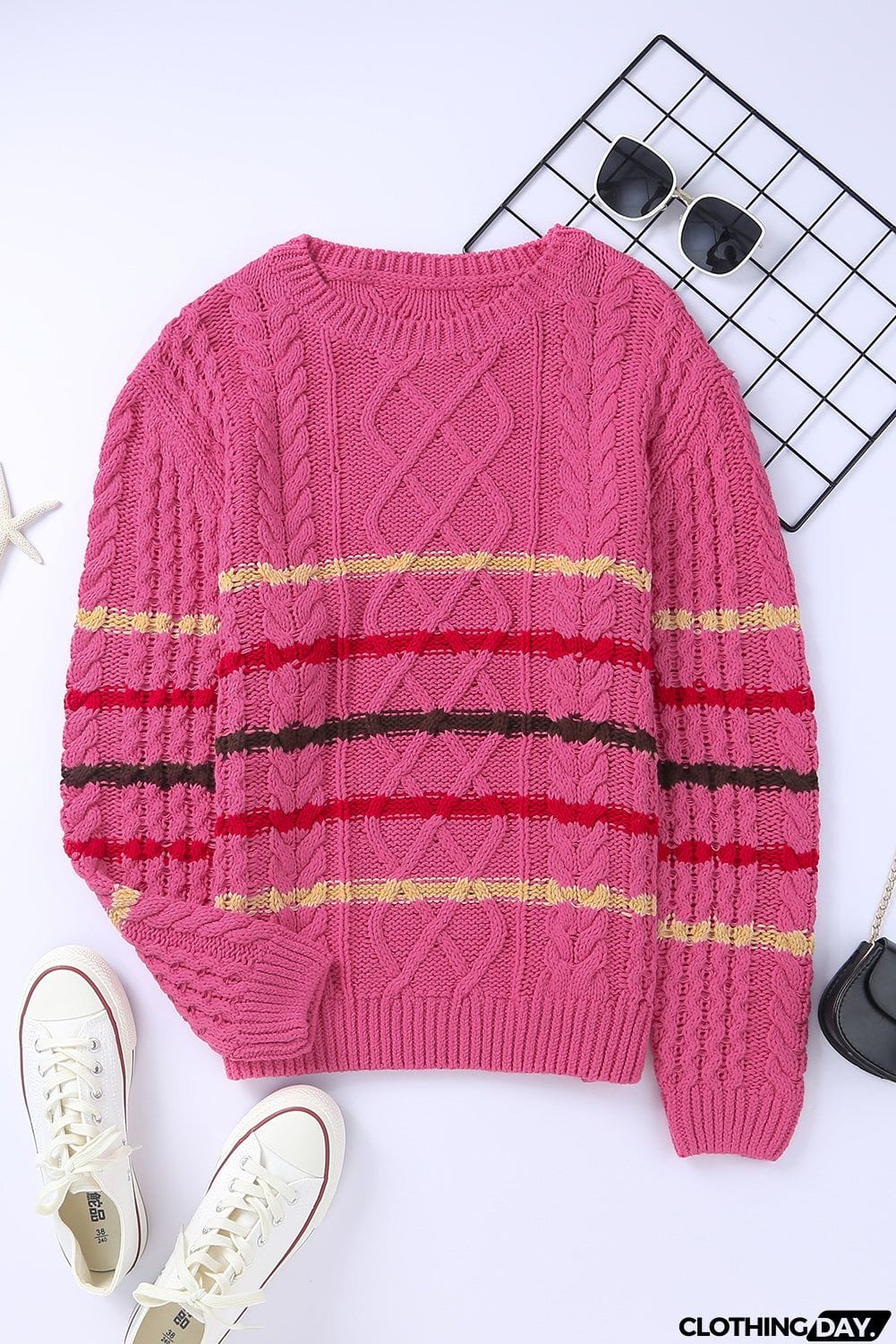 Striped Color Block Textured Knit Pullover Sweater