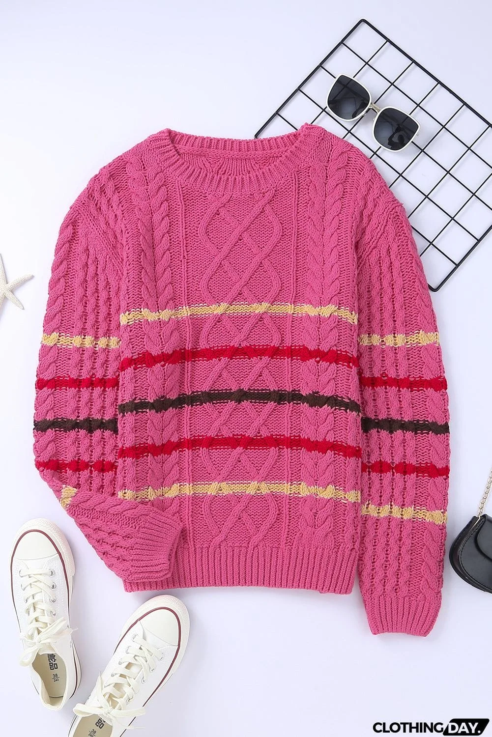 Striped Color Block Textured Knit Pullover Sweater