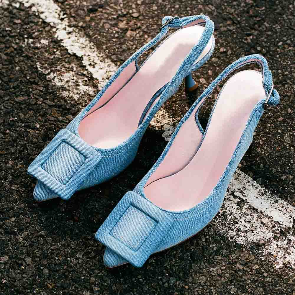 Blue Denim Pointed Toe 3'' Stiletto Heel Slingbacks with Square Buckle Nicepairs