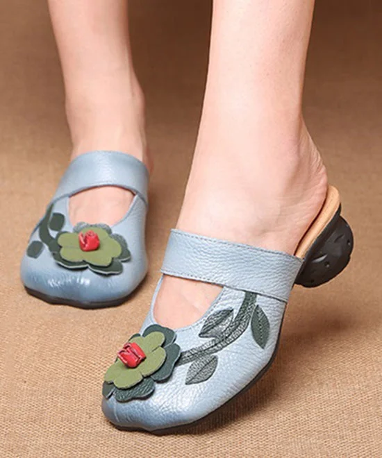 Retro Splicing Floral Chunky Blue Cowhide Leather Slide Sandals