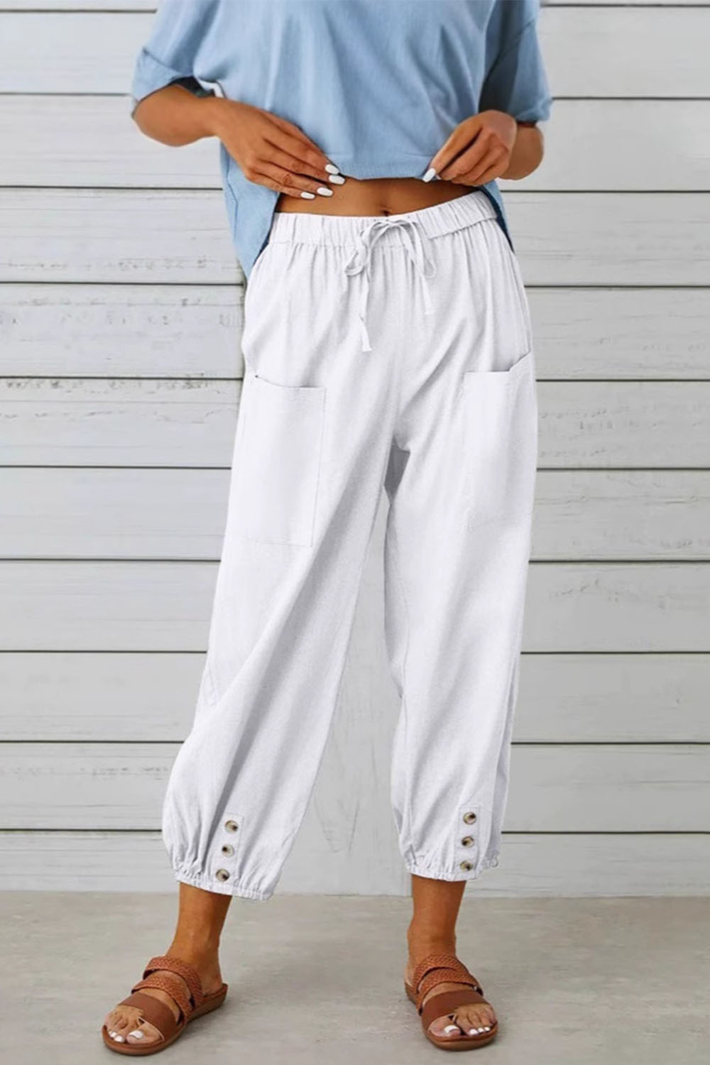 Plus Size Casual Light Gray Cotton And Linen High Rise Button Drawstring Cropped Pants 2024 - Flycurvy 