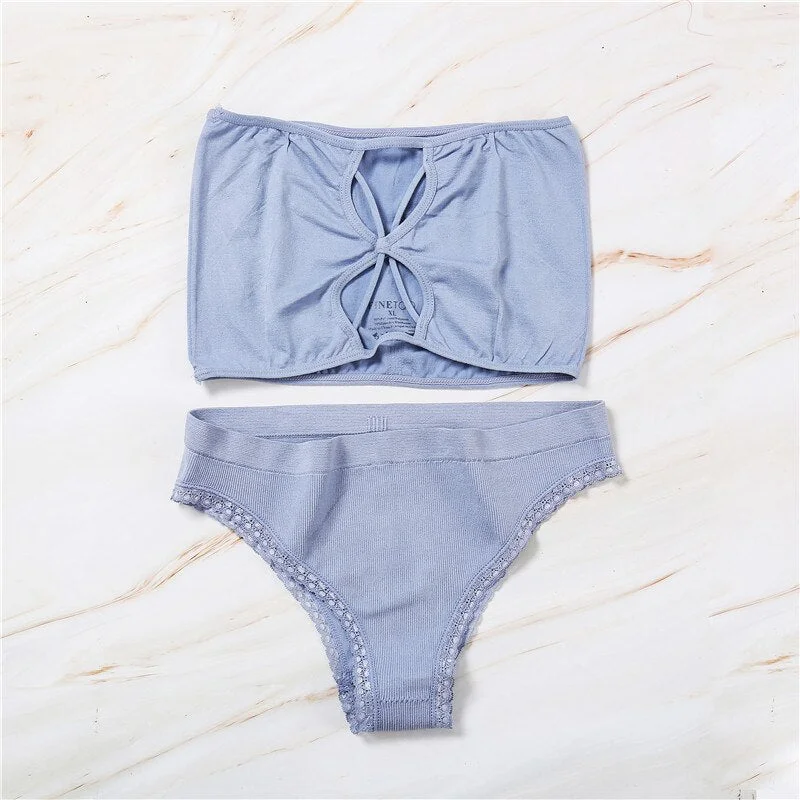 FINETOO Sexy Strapless Women's Underwear Set Seamless Woman Crop Top Suit Front Closure Tank Top + Lace Panty Push Up Lingerie