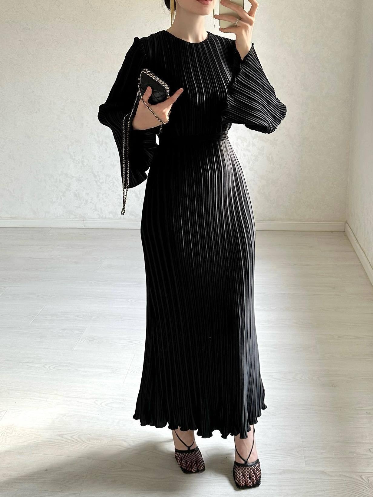 Beyprern Fashion Bell Sleeve Ruffle Elegant Party Solid Color Dress