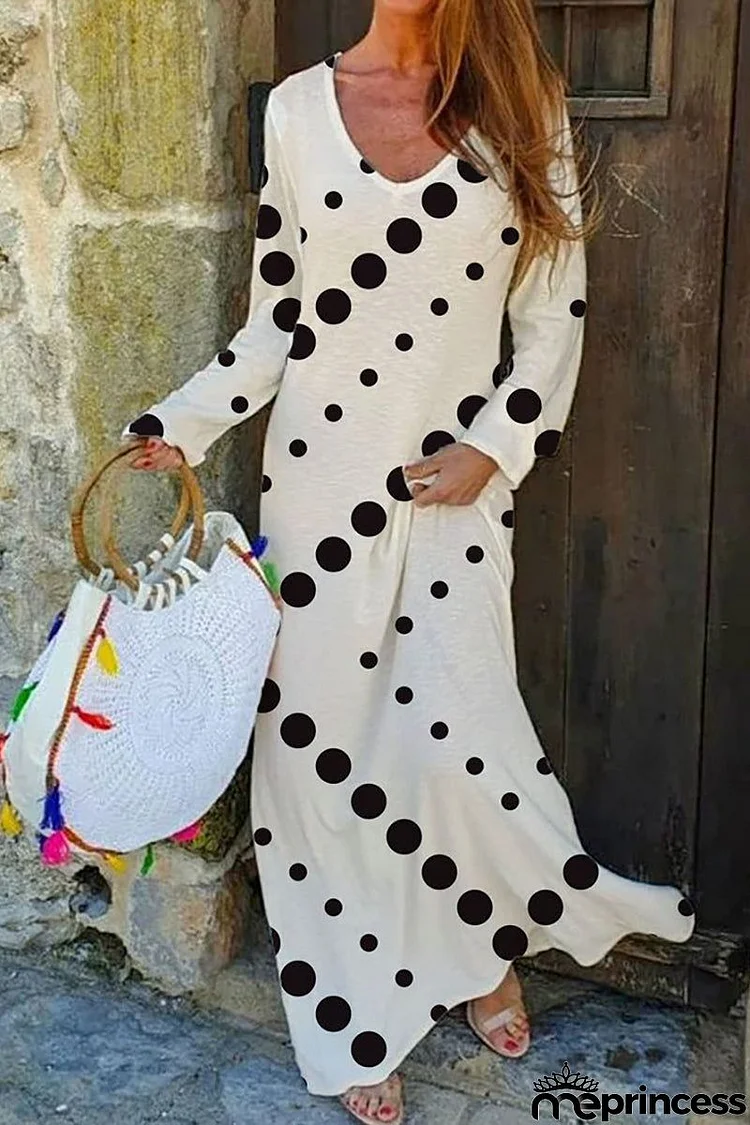 Dot V Neck Long Sleeve Maxi Dress