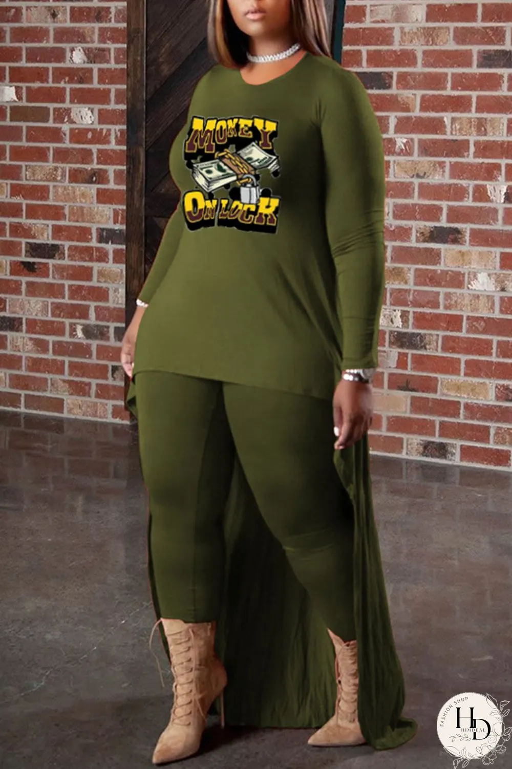 Deep Coffee Casual Print Patchwork O Neck Long Sleeve Two Pieces