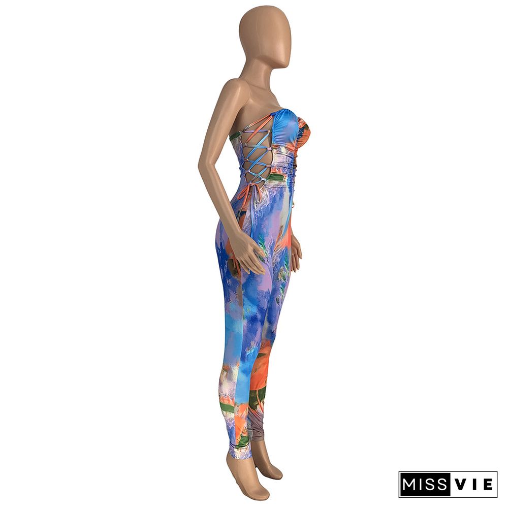 Sexy Strapless Print Lace-up Jumpsuit