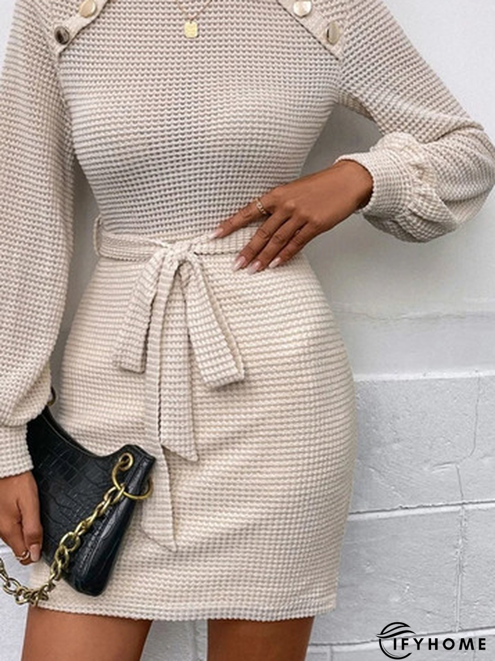 Casual Plain Crew Neck Buckle Texture Dress | IFYHOME