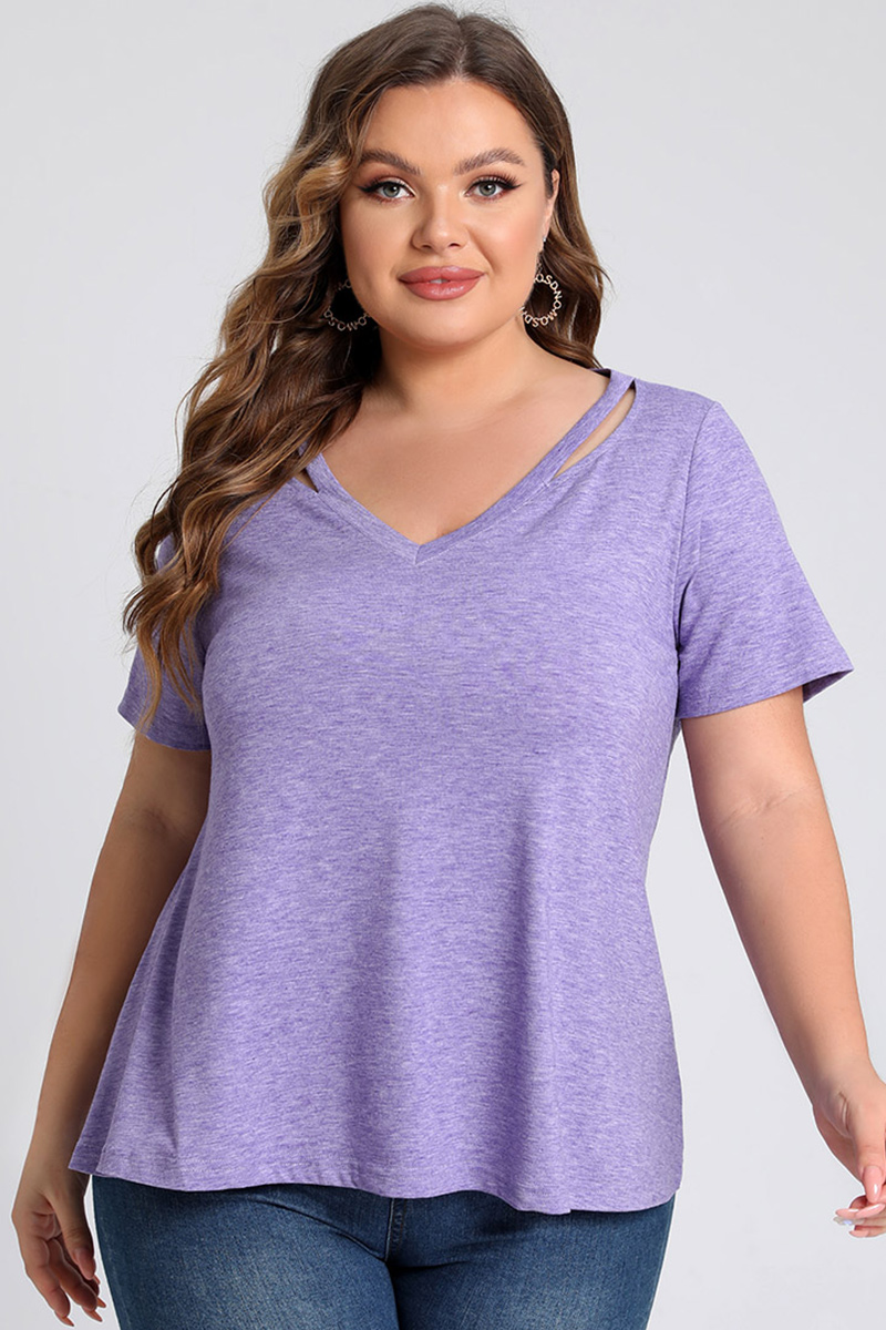 Plus Size Hollowout V Neck Short Sleeve Solid Blouse