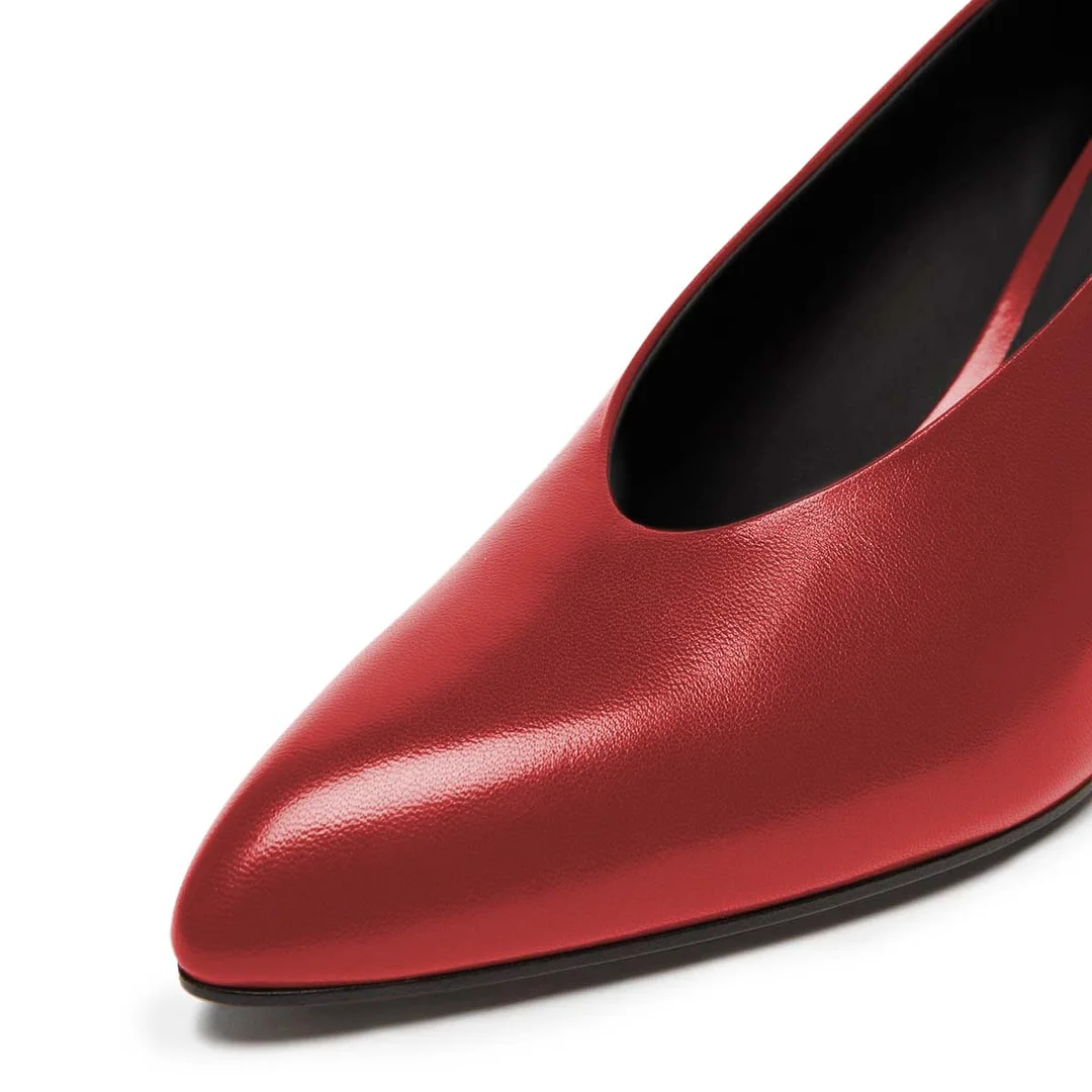 Vegan Leather Low Chunky Heel Pointed Toe Red Pumps for Women