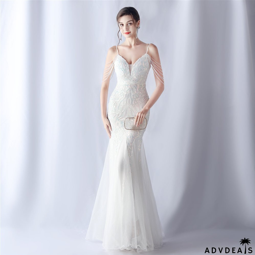 Women beaded mesh evening dress