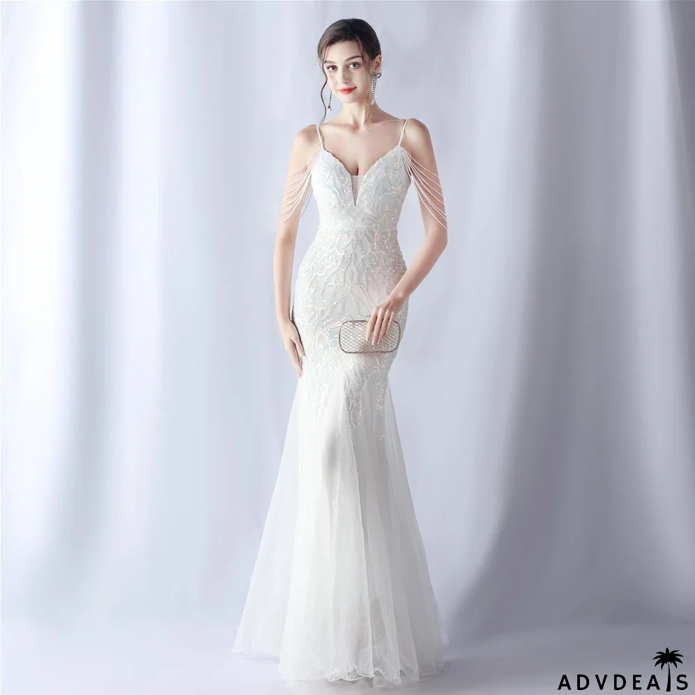 Women beaded mesh evening dress