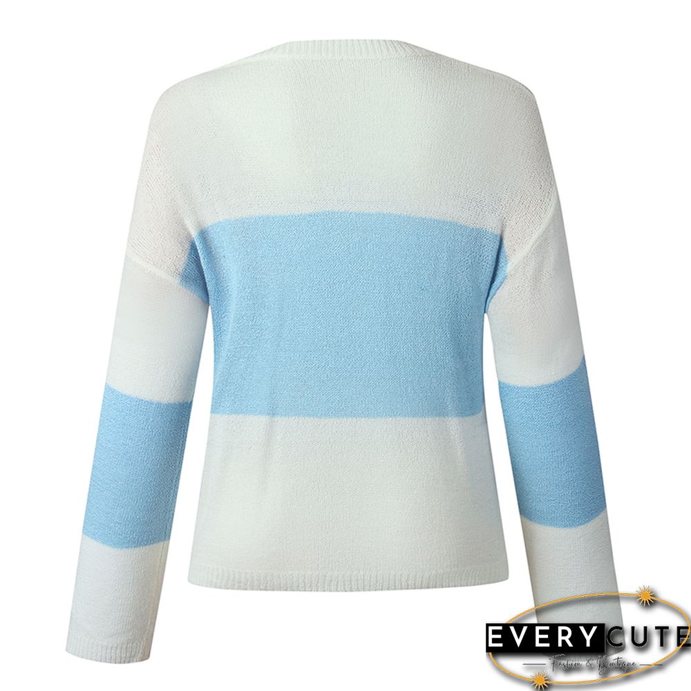Light Blue Colorblock Lightweight Loose Sweater