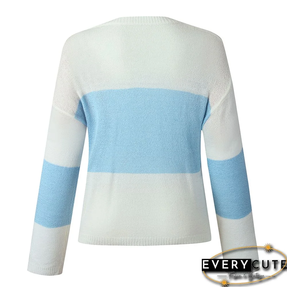 Light Blue Colorblock Lightweight Loose Sweater