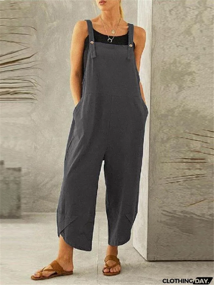 Plus Size Cotton Linen Dungarees Jumpsuits