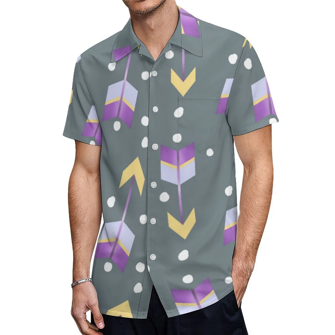 Gray Purple Yellow Boho Arrows Dots Hawaiian Shirt Mens Button Down Plus Size Tropical Hawaii Beach Shirts