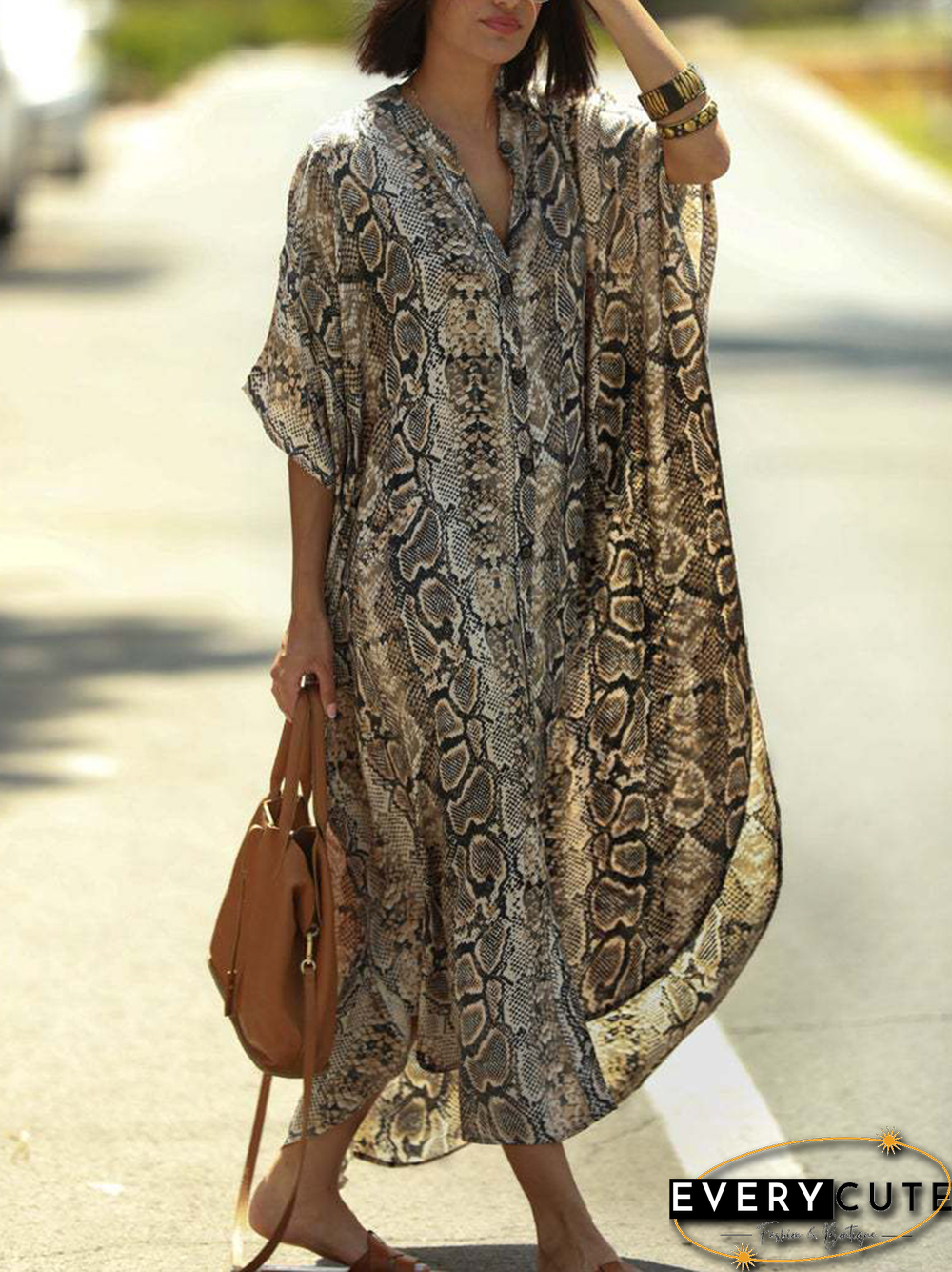 Stand Collar Snakeskin Boho Short sleeve Woven Dress