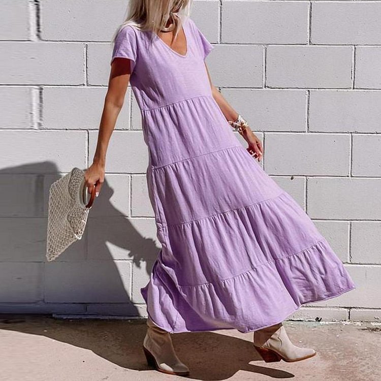 Comfy Purple V-Neck Short Sleeve Maxi Dress