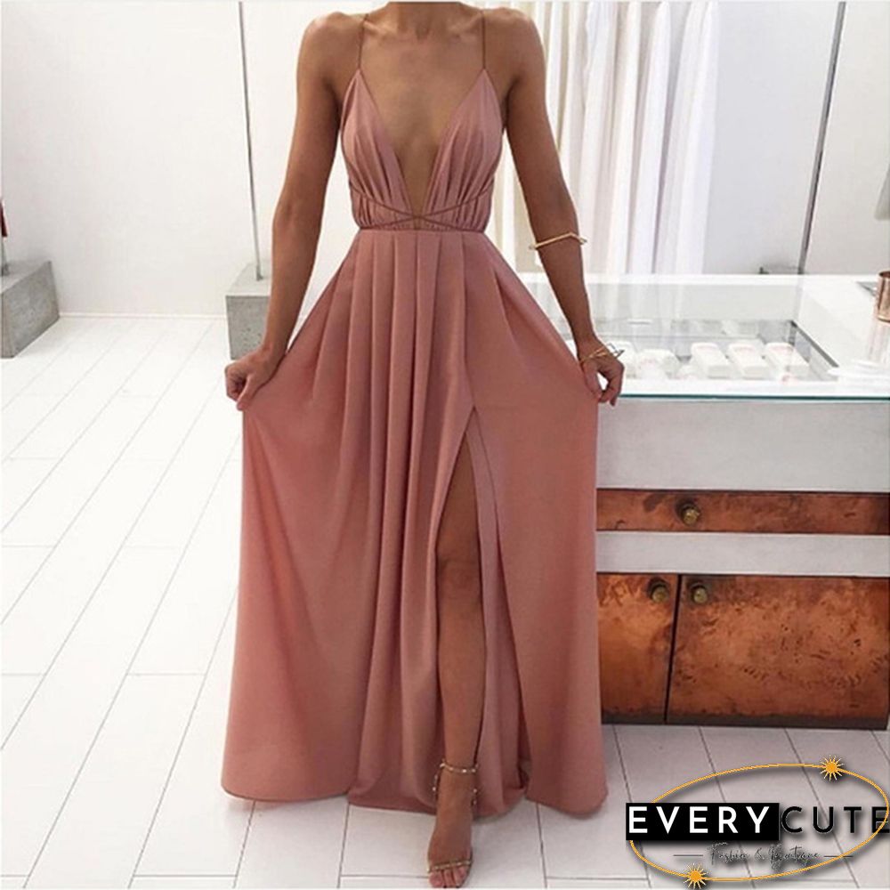 Women Fashion Sexy V-neck Sling Halter Chiffon Bohemian Split Sleeveless Solid Color Dress