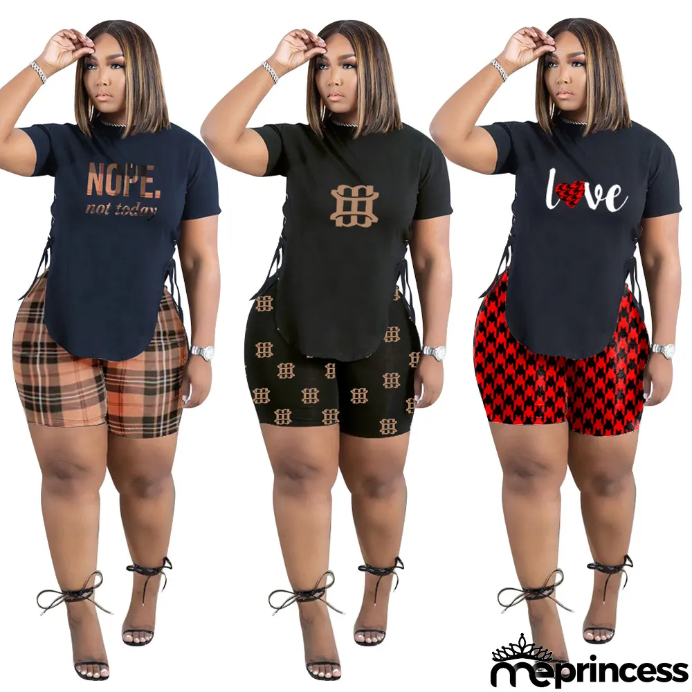 Casual Side Slit Eyelet Strap Print Letters Sports Two-Piece Set