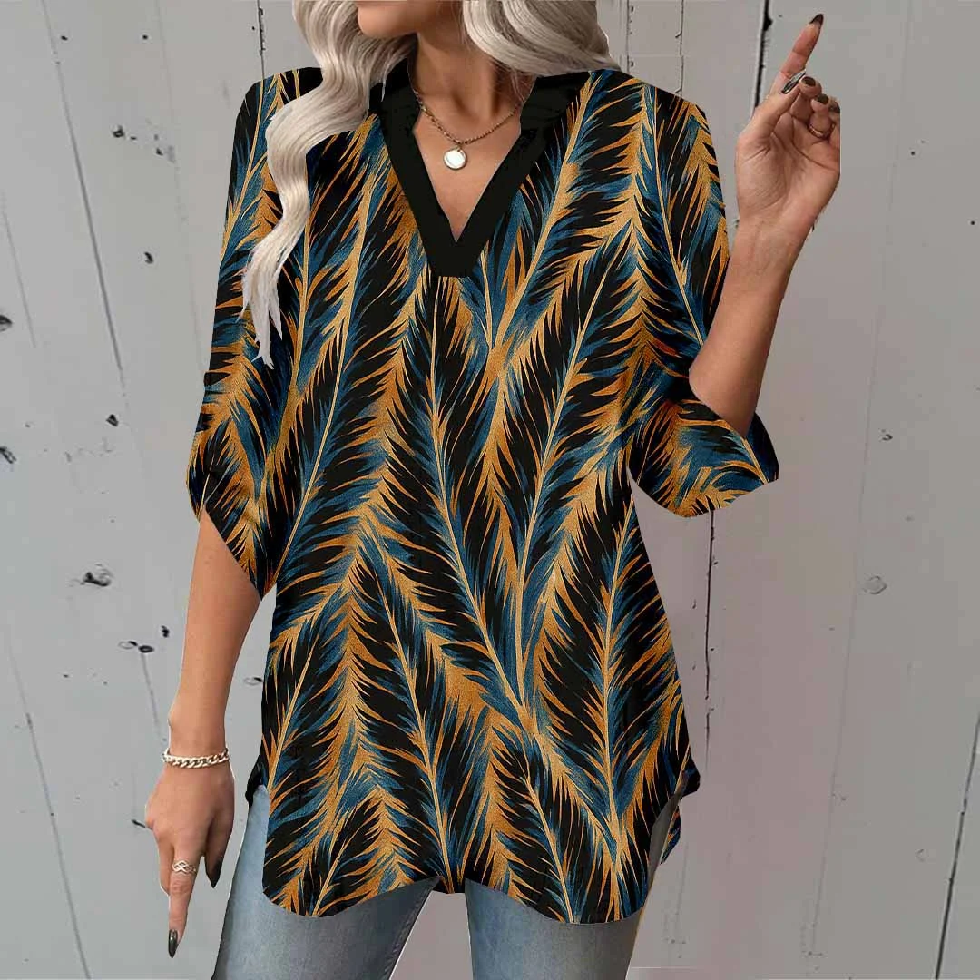 Women Textured, Colorful, Black DZGA0210 3/4 Sleeve V-neck Printed Graphic Button Tops