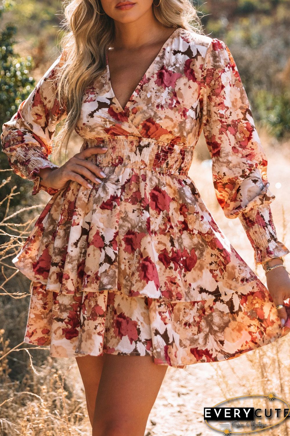 Pink Floral Print V Neck Wrap Tiered Dress