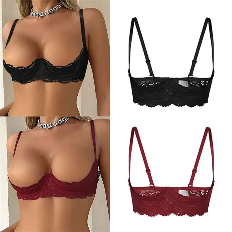 pornhint Pornhint UK Women's Lace Underwire Push Up Shelf Bra 1/2 Cup Hollow Out Unlined Bra Tops Lingerie