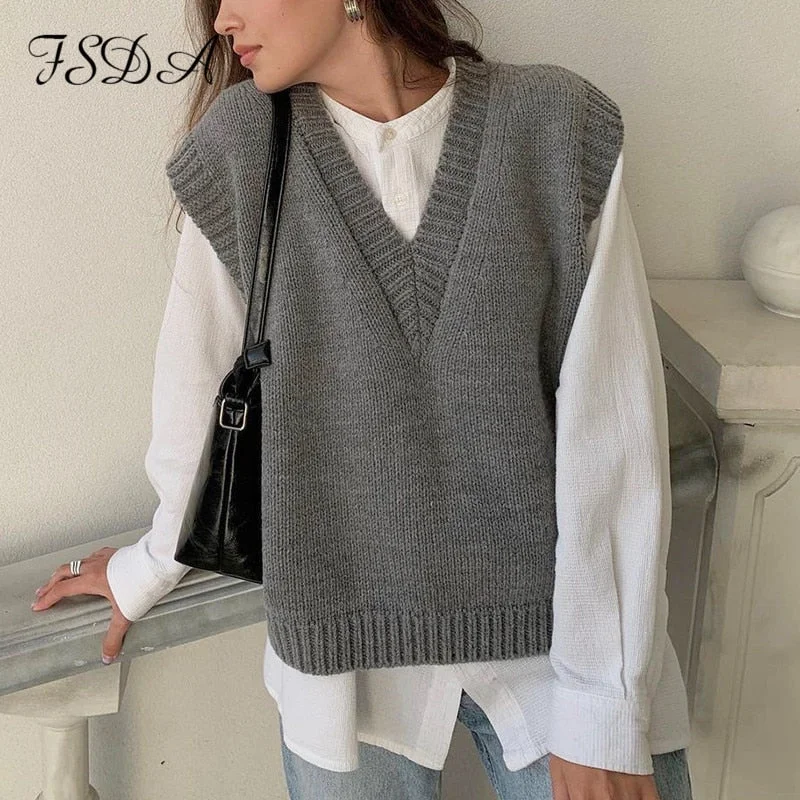 FSDA V Neck Knitted Vest Sweater Sleeveless Women Khaki Casual Pullover Black 2020 Autumn Winter Gray Jumper Fashion