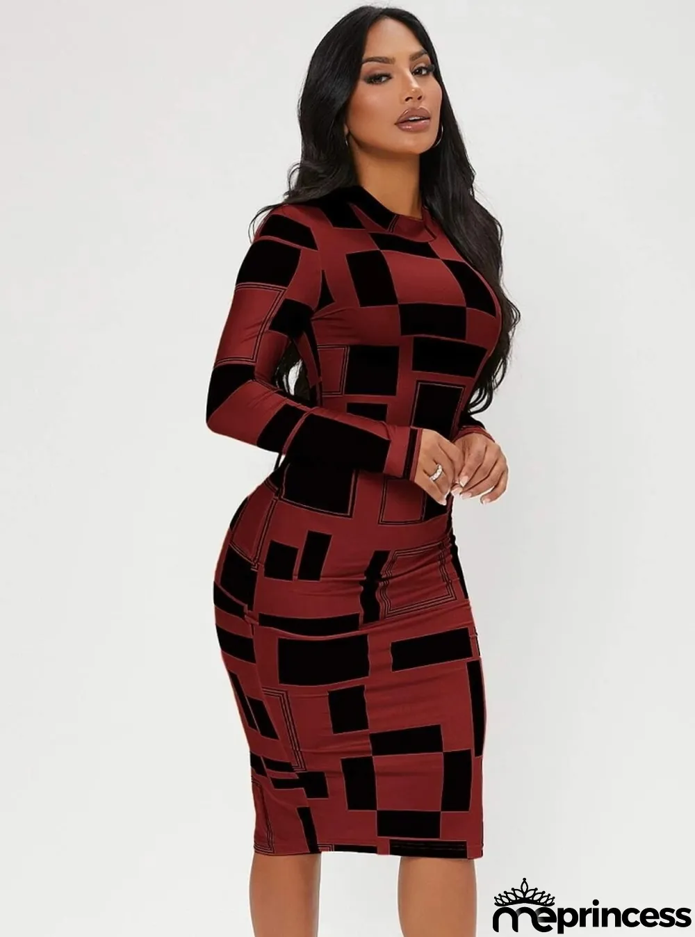 Women Spring Red Modest Turtleneck Full Sleeves Geometric Print Midi Bodycon Dress
