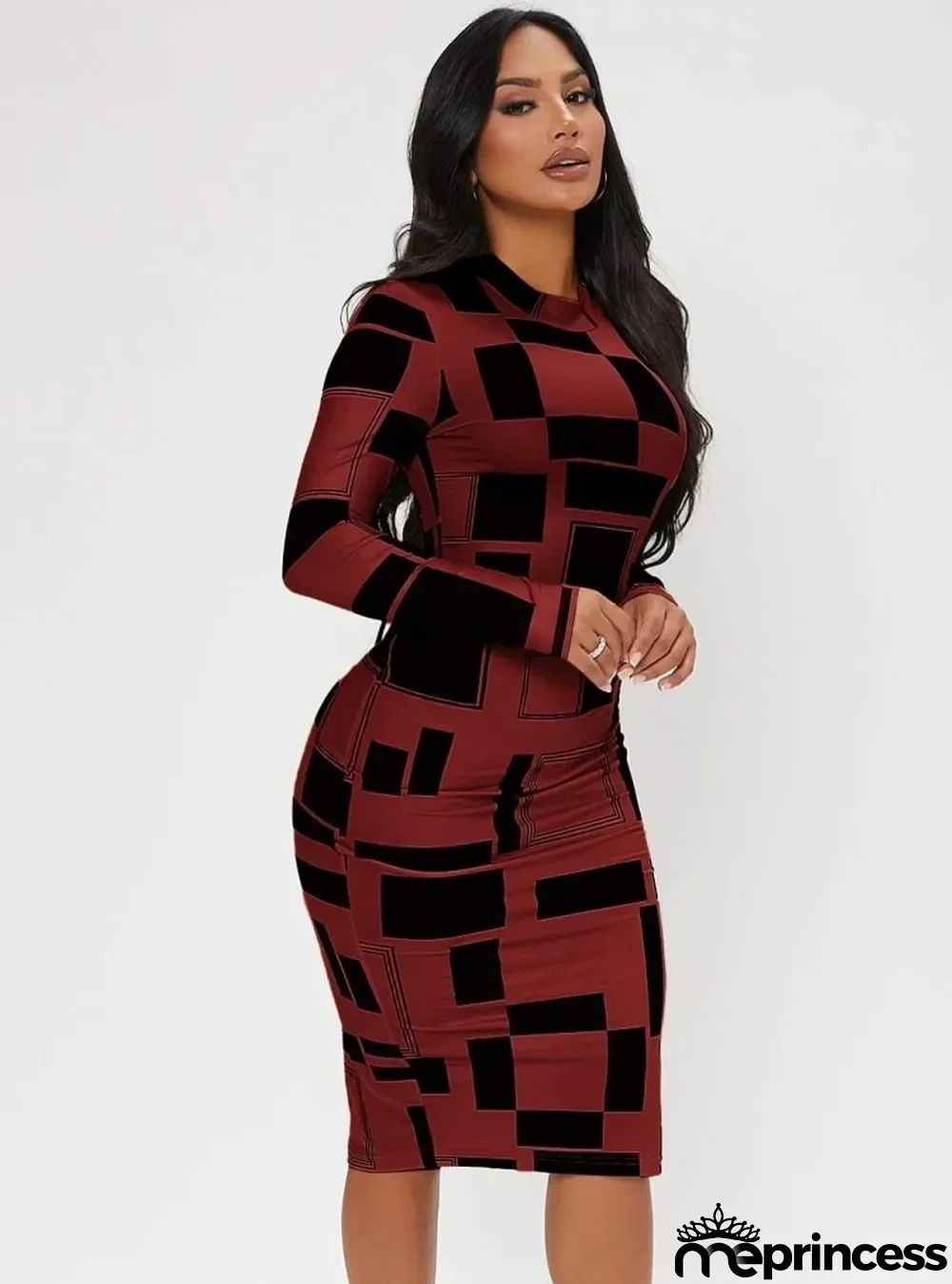 Women Spring Red Modest Turtleneck Full Sleeves Geometric Print Midi Bodycon Dress