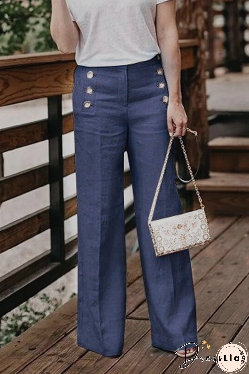 Casual Solid Buckle Straight High Waist Wide Leg Solid Color Bottoms