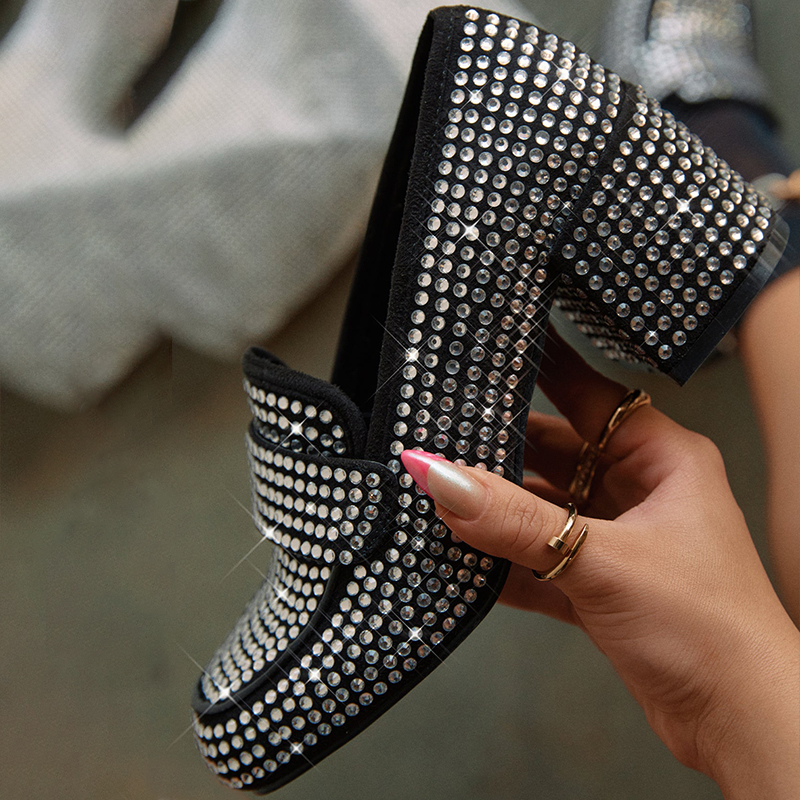 GOOSHOE Black Chunky Loafers with Rhinestone Square Toe Pumps