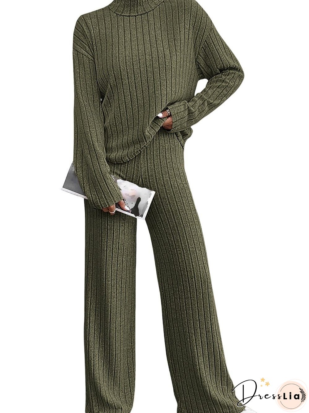 Jungle Green Ribbed Knit Cozy High Neck Two-Piece Pant Set