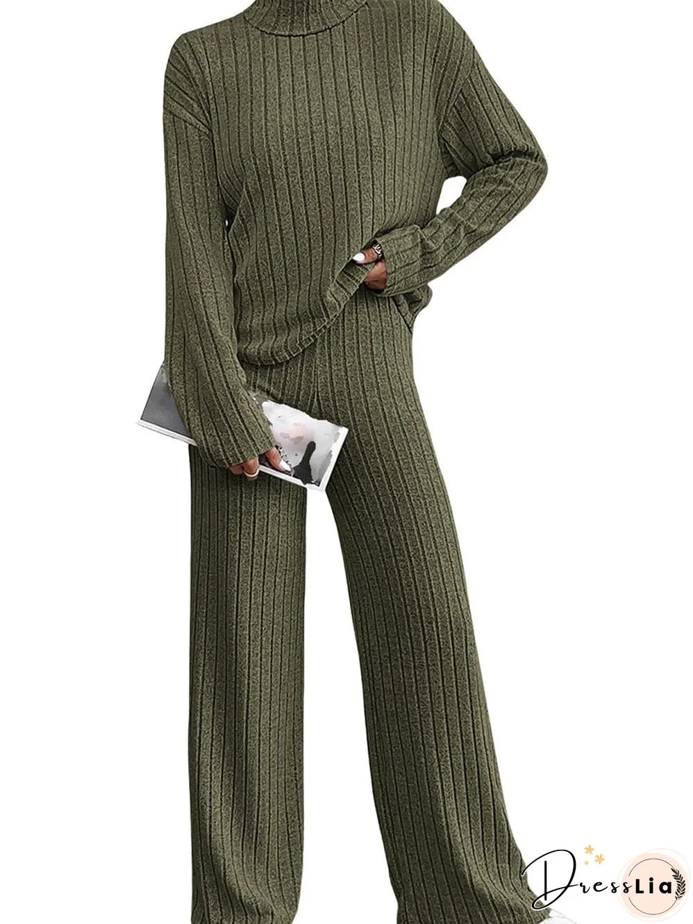 Jungle Green Ribbed Knit Cozy High Neck Two-Piece Pant Set