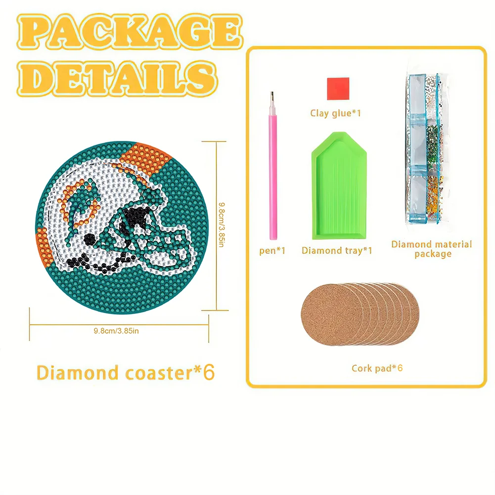 Miami Dolphins 6pcs DIY Diamond Painting Acrylic Coasters Holder for Beginner Adult
