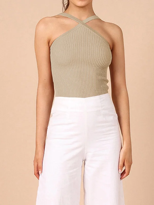 Skinny Sleeveless Solid Color Halter-Neck Vest Top