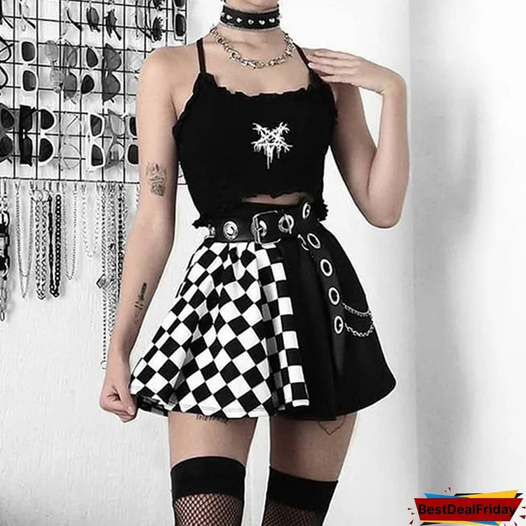 Women Patchwork Checkerboard Pleated Skirts Summer Preppy Style High Waist Mini Skirt Punk Gothic Streetwear Outfits