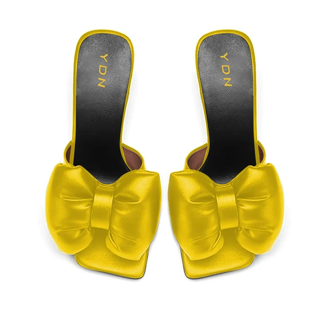 Yellow Square Toe Bow Wide Band Rhinestone Mule Shoes for Women