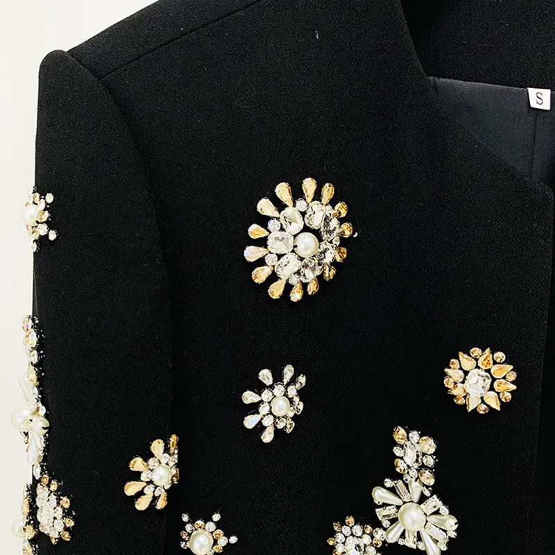 Nigikala Nigikala New Fashion Round Neck Heavy Industry Nail Beads Short Jacket Open Fork Horn Trousers Set