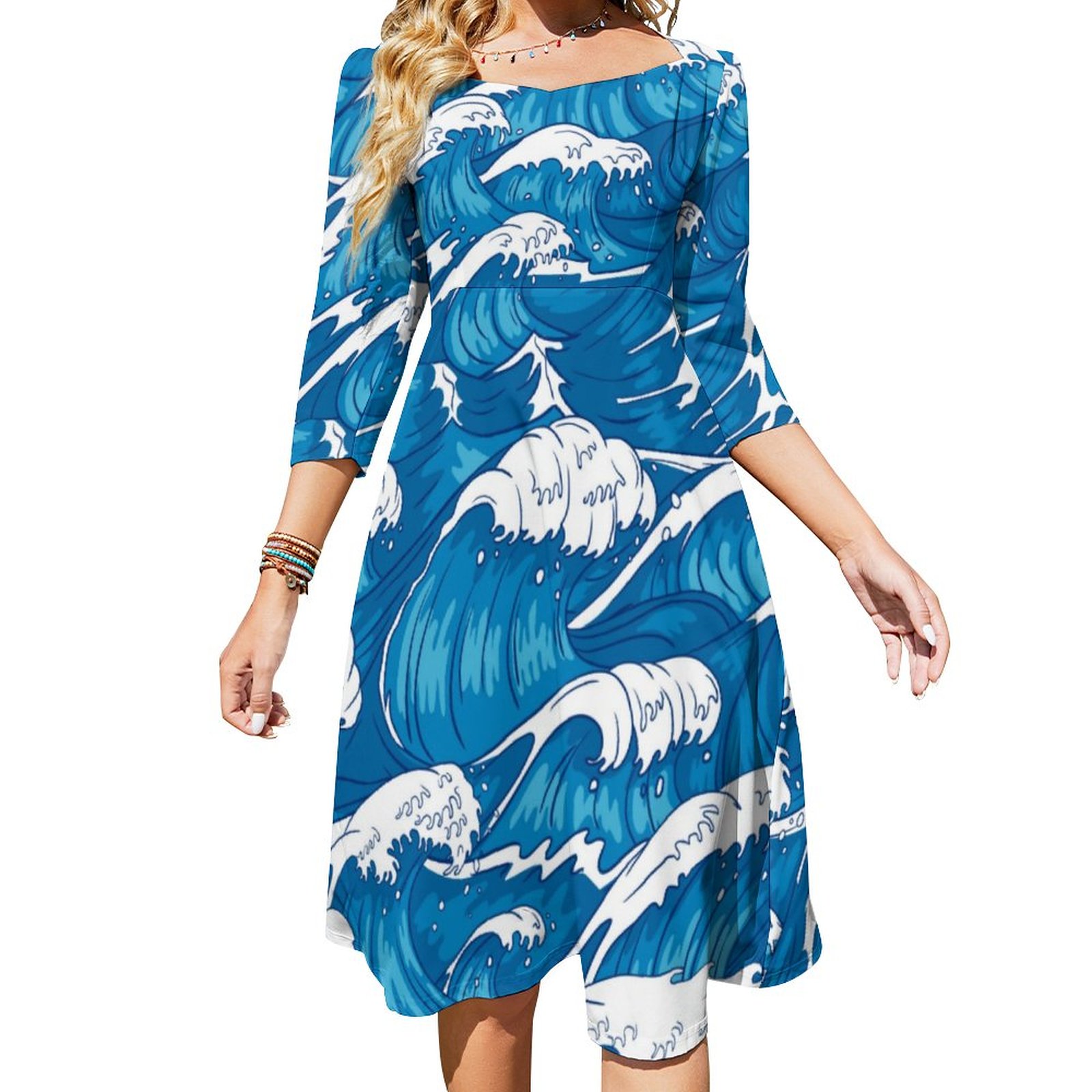 Japanese Wave Painting Artsy Blue White Dress Sweetheart Tie Back Flared 3/4 Sleeve Midi Dresses