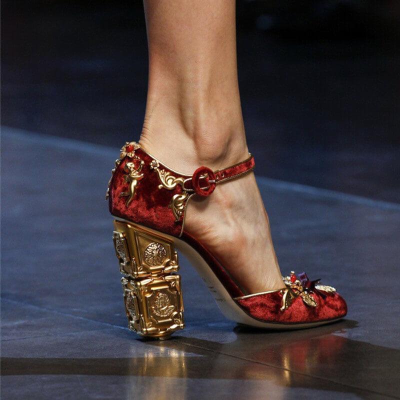 VCSHOES Rhinestone Suede Chunky Heel Sandals