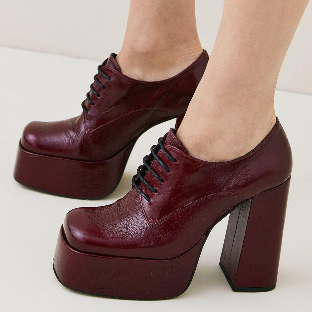 Maroon Square Toe Chunky Heel Lace Up Platform Loafers Nicepairs
