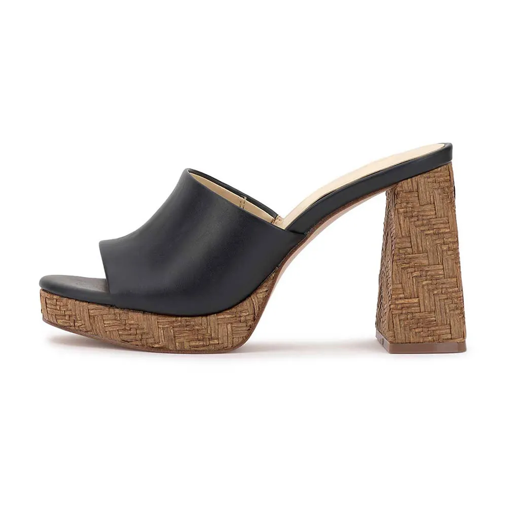 Women's Open Round Toe Woven Block Heel Black Platform Sandals